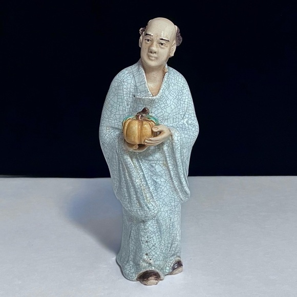 Antique Chinese QING DYNASTY Mudman Figurine / BLUE ROBE & Pumpkin / SOME DAMAGE - Picture 1 of 16